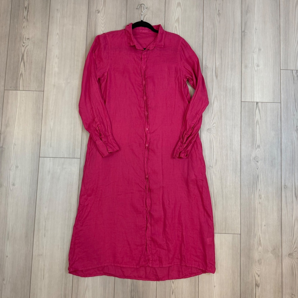 CP Shades Magenta Pink 100% Linen Button Down Maxi Shirt Dress Pockets XS